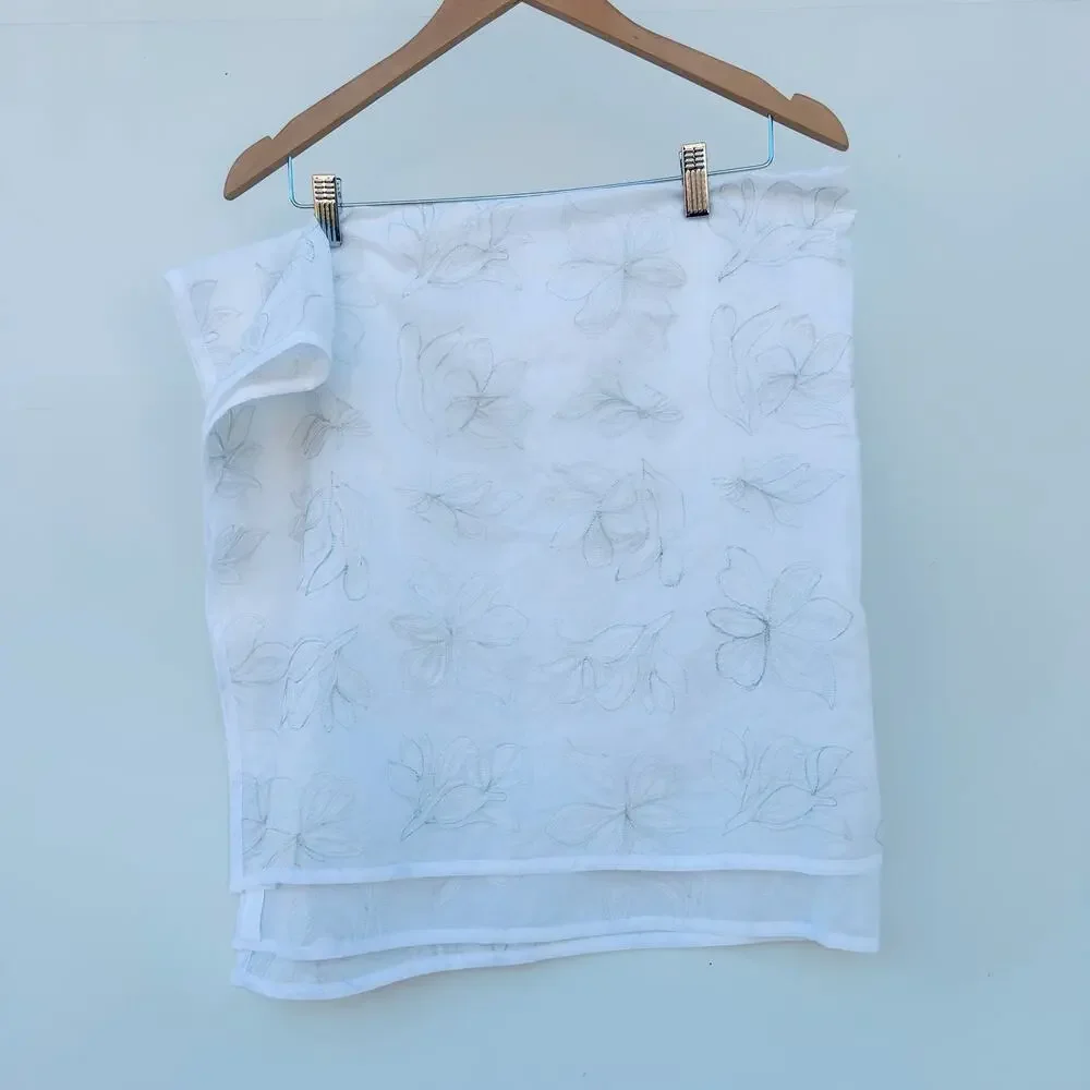 Merlette White Embroidered Square Scarf Silver Metallic Feminine Romantic 40x40